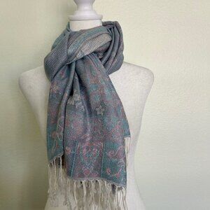 Pashmina Cashmere Silk Scarf Floral Paisley Blue Multi Shawl Wrap Tassel O